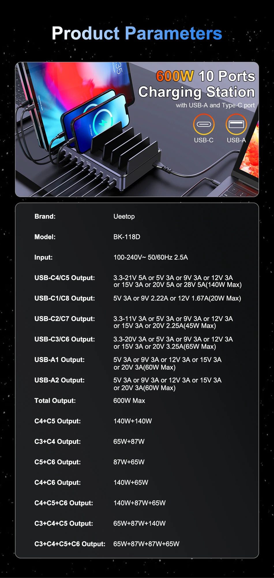 Ueetop 600W Multi USB Fast Charger